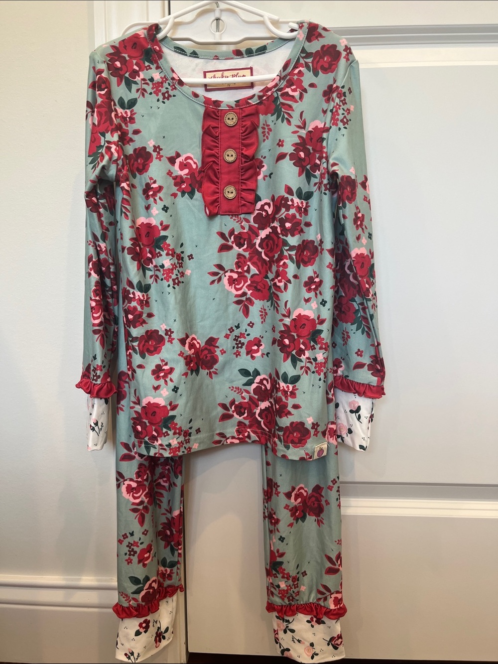 Cheeky Plum Girls Floral Pajama Set - Mint with Red Roses